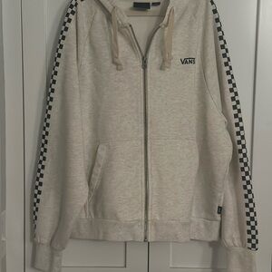 Vans Off-White Zip-Up Hoodie with Black Checkered Sleeves